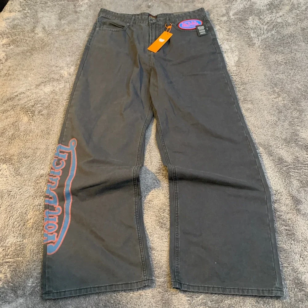 Von Dutch Mens Wide Leg Skate Pants Grey Canvas Baggy Logo Y2K New 36x31